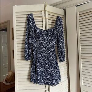 Reformation mochi mini dress Navy Blue Floral Long Sleeve Dress size 10